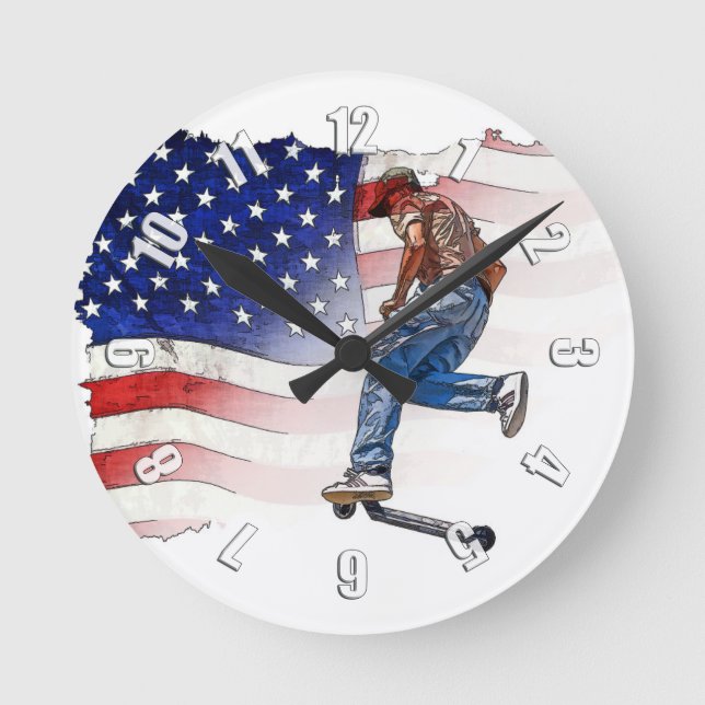 Stunt Scooter Rider and US Flag Round Clock (Front)