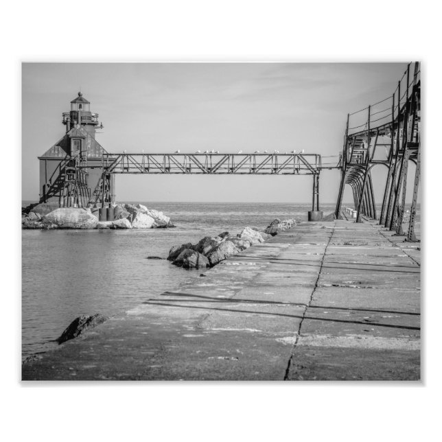 Sturgeon Bay Lighthouse Pier Black and White Photo Print (Front)