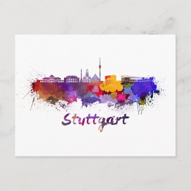 Stuttgart skyline in watercolor postcard (Front)