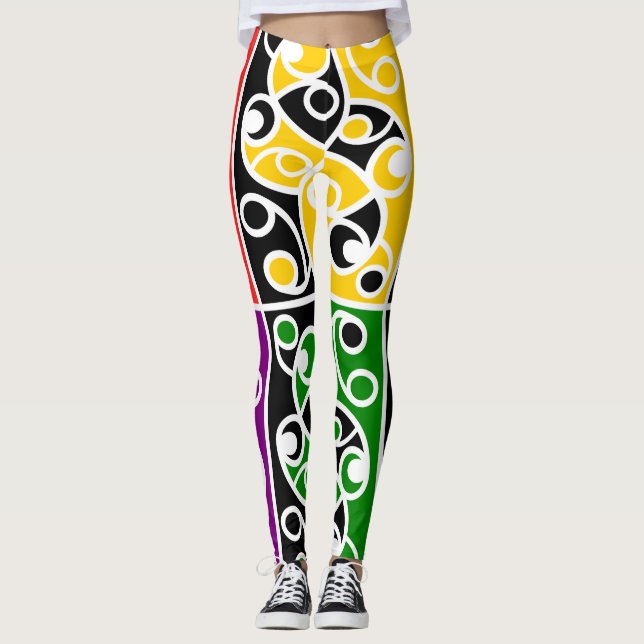 Styized Colourful Maori Kowhaiwhai pattern Leggings (Front)