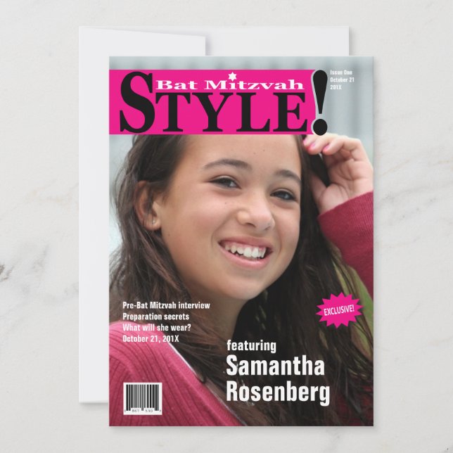 Style! Bat Mitzvah Magazine Invitation in Pink (Front)