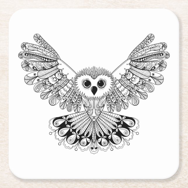 Style Black Owl Square Paper Coaster (Front)