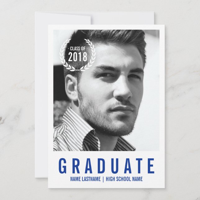 Style Bleu Blanc moderne Photo Invitation diplômé (Devant)