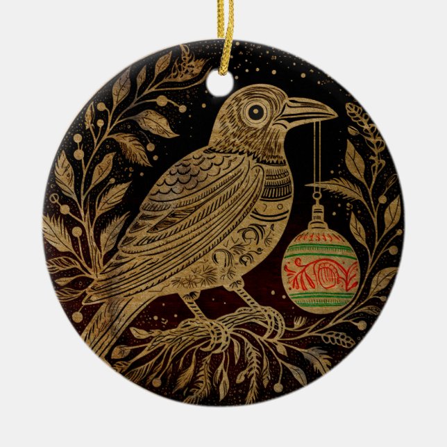 Style boisé Corbeau de Noël avec ornement (Devant)