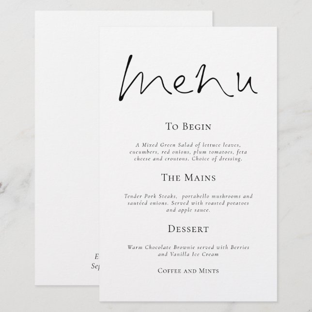 Style budgétaire Typographie simple Menu Mariage (Devant / Derrière)