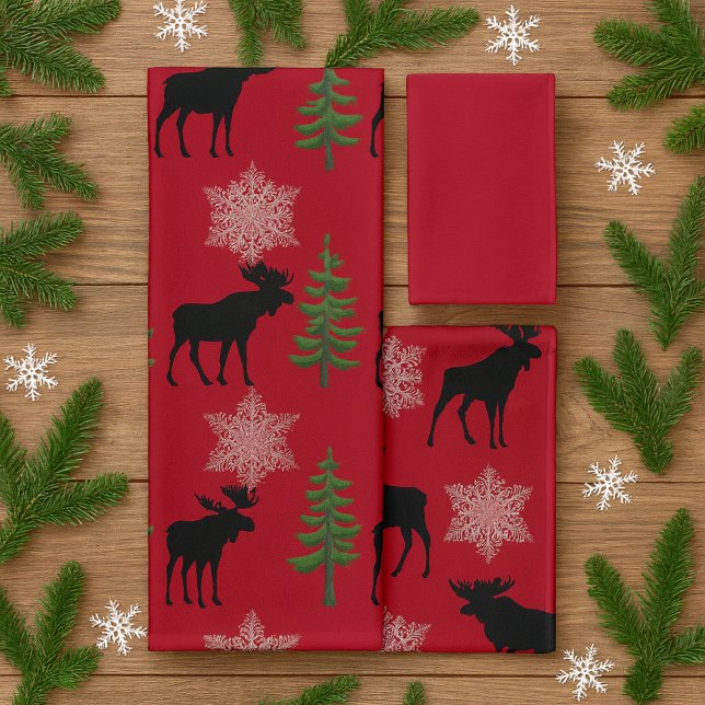Style cabine Pine d'orignal Feu de neige Noël (Rustic  moose, pine and snowflakes on red towels set . A perfect print for Christmas and beyond )