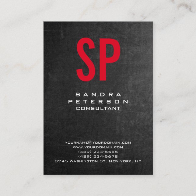 Style Chalkboard Grey Red Monogram Professional Business Card (Front)
