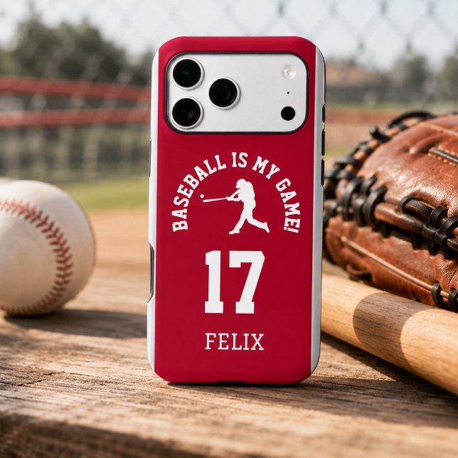 Style de numéro de maillot d'équipe de baseball (Baseball jersey phone case with player number and name on a baseball field scene)