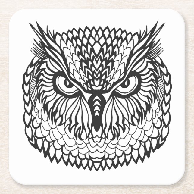 Style Eagle Owl Head Square Paper Coaster (Front)