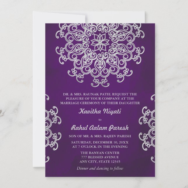 STYLE INDIEN PURPLE ET ARGENT FAIRE-PART DE MARIAG (Devant)
