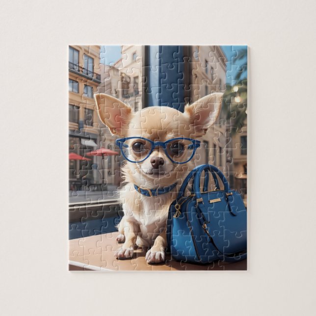 Style Puzzle: Chihuahua Wears Blue Glasses in Luxu Jigsaw Puzzle (Vertical)
