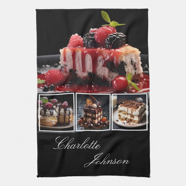 Stylis Black & White 4 Photo Desserts Personalized Kitchen Towel (Vertical)