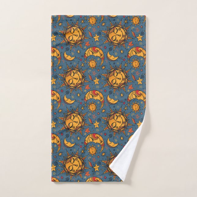 Stylisé Main Tirée Boho Sun Moon Stars Bleu (Serviette à main)