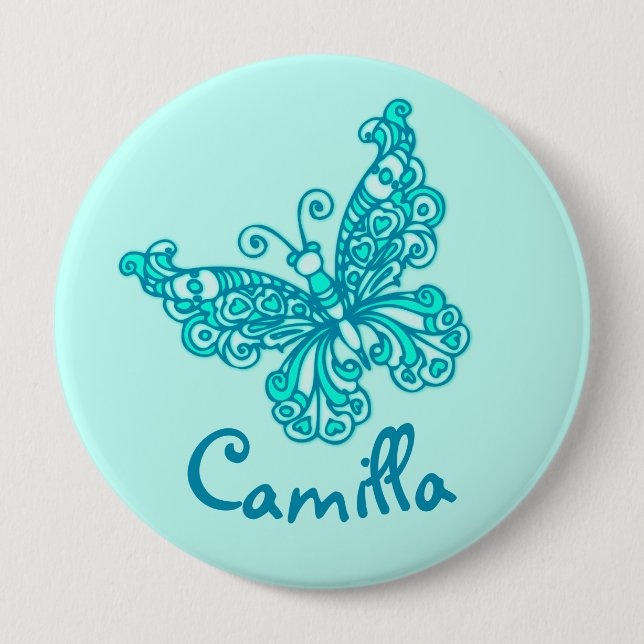 Stylised aqua butterfly art name button (Front)