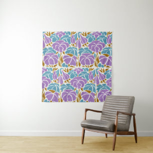 Stylised Lavender, Yellow and Blue Flowers Art Tapestry