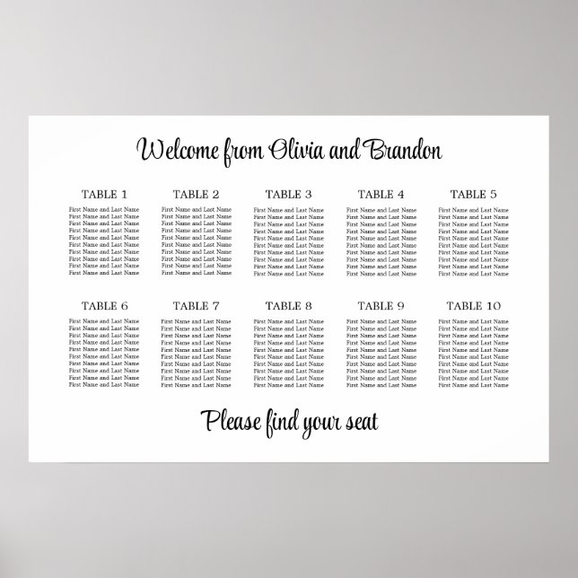 Stylish 10 Table Wedding Seating Chart Poster (Front)