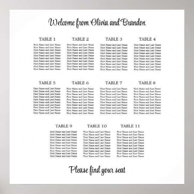 Stylish 11 Table Wedding Seating Chart Poster (Front)