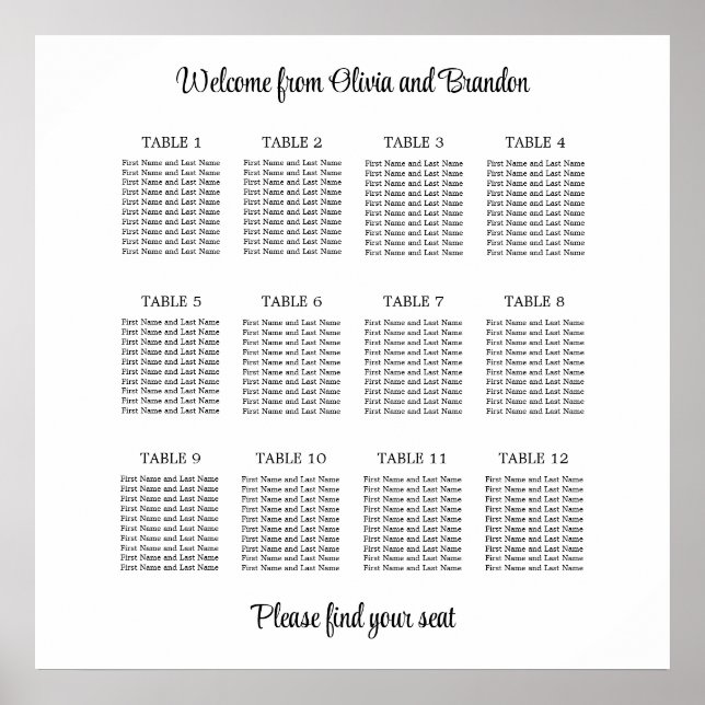 Stylish 12 Table Wedding Seating Chart Poster (Front)