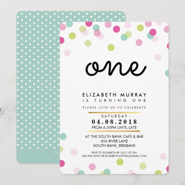 STYLISH 1ER anniversaire fête INVITATION mint rose (Devant / Derrière)