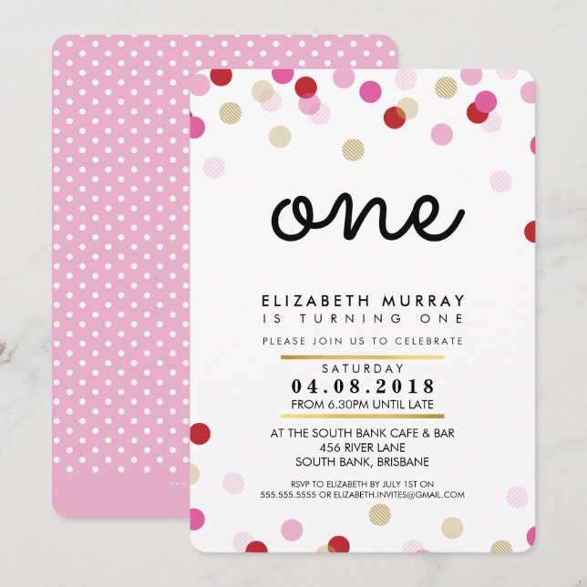 STYLISH 1ER anniversaire INVITATION rose or fille (Devant / Derrière)