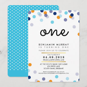 STYLISH 1ST birthday party INVITE blue orange boy