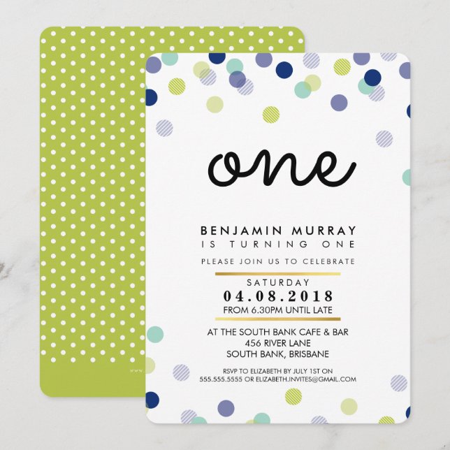 STYLISH 1ST birthday party INVITE bright boy spot (Front/Back)