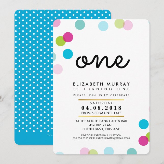 STYLISH 1ST birthday party INVITE bright confetti (Front/Back)