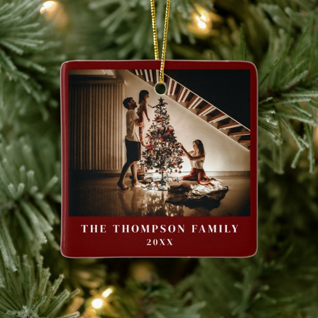 Stylish 2024 Family Photo Minimalist Dark Red Ceramic Ornament (Tree)