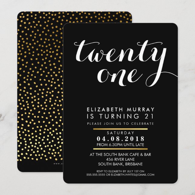 STYLISH 21st birthday party INVITE gold white type (Front/Back)