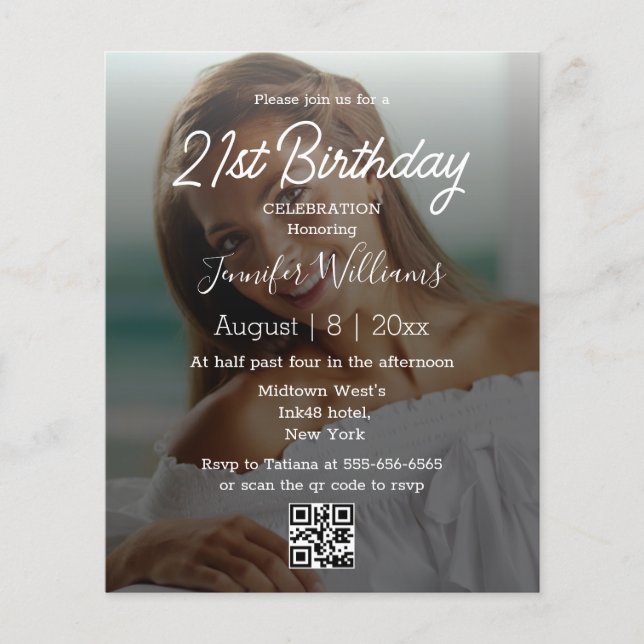 stylish 21st birthday photo qr code invitation  (Front)