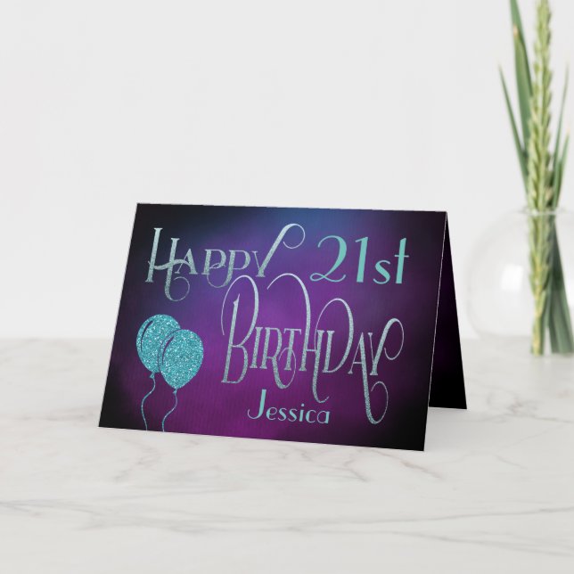 Stylish 21st Name Purple Teal Happy Birthday Card (Front)