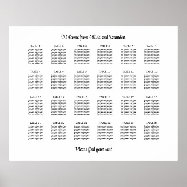 Stylish 24 Table Wedding Seating Chart Poster (Front)