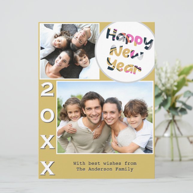 Stylish 2 Photo Yellow Personalized Happy New Year Holiday Card (Standing Front)