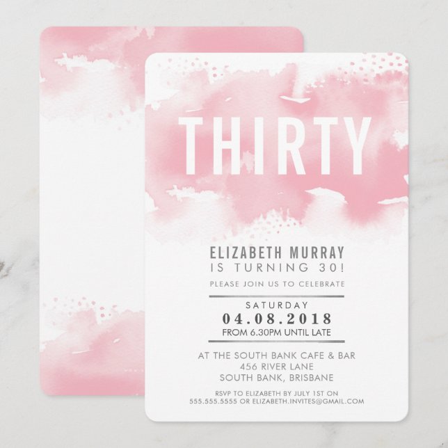 STYLISH 30TH birthday INVITE watercolor blush pink (Front/Back)