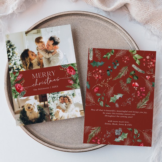Stylish 3 Photo Burgundy Red Merry Christmas Holiday Card (Creator Uploaded)
