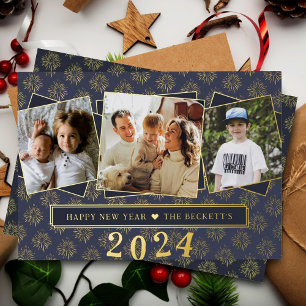 Stylish 3 Photo Collage Happy New Year! Real Foil Holiday Card