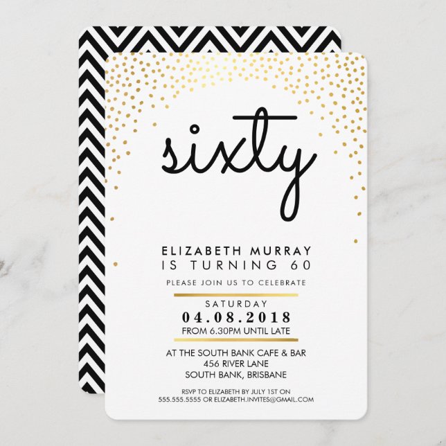 STYLISH 60TH birthday party INVITE gold confetti (Front/Back)
