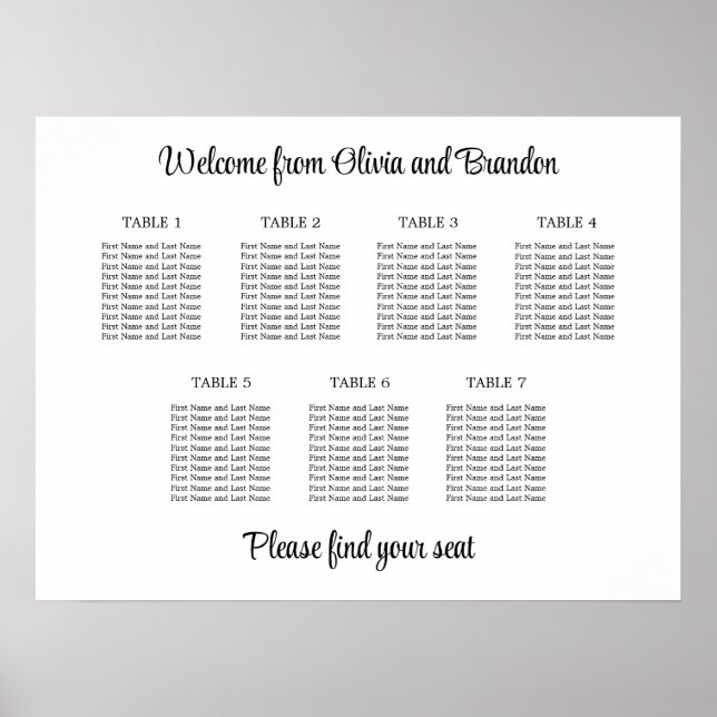 Stylish 7 Table Wedding Seating Chart Poster (Front)