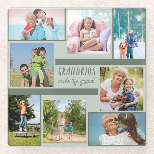 Stylish 8 Photo Collage Grandparents Green Glass Coaster (Front)