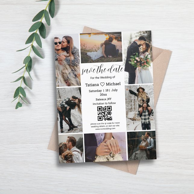 stylish 8 photos collage qr code save the date announcement postcard (Creator Uploaded)