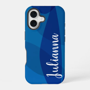 Stylish Abstract Shapes in Blue Personalized Name iPhone 16 Case