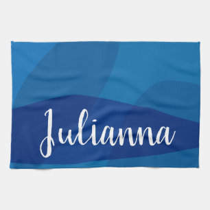 Stylish Abstract Shapes in Blue Personalized Name Kitchen Towel