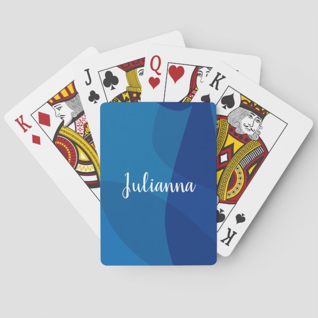 Stylish Abstract Shapes in Blue Personalized Name Playing Cards (Back)
