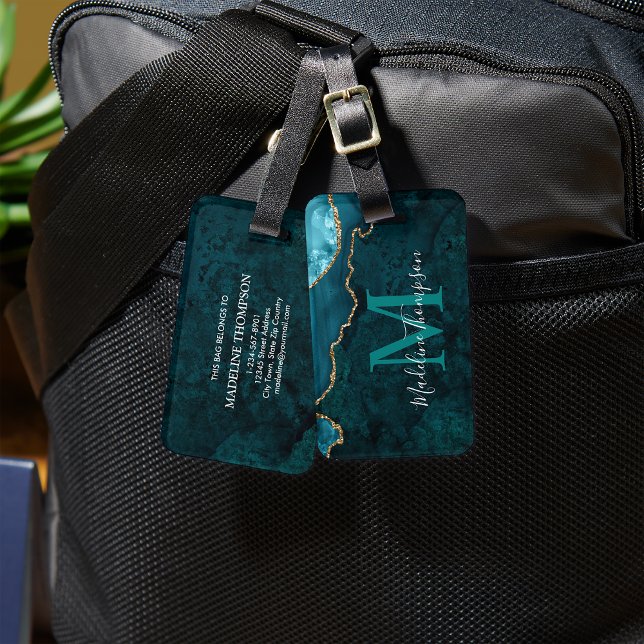 Stylish Agate Geode Teal Green Monogram Luggage Tag (Creator Uploaded)