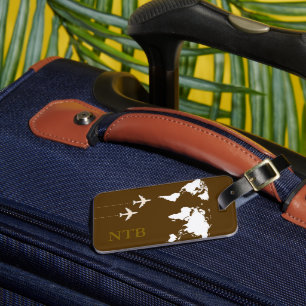 Stylish Airplane Traveller Monogrammed Brown Luggage Tag