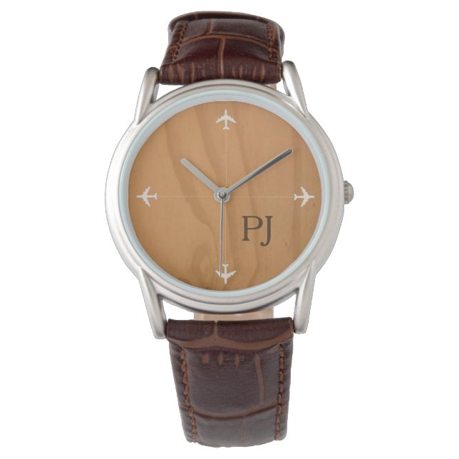 stylish airplanes with initials, brown watch (Front)