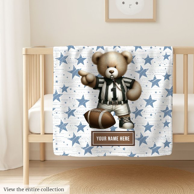 Stylish American Football Teddy Bear Personalized  Fleece Blanket (Soft and cozy American football teddy bear blanket, great personalized boy birthday gift.)