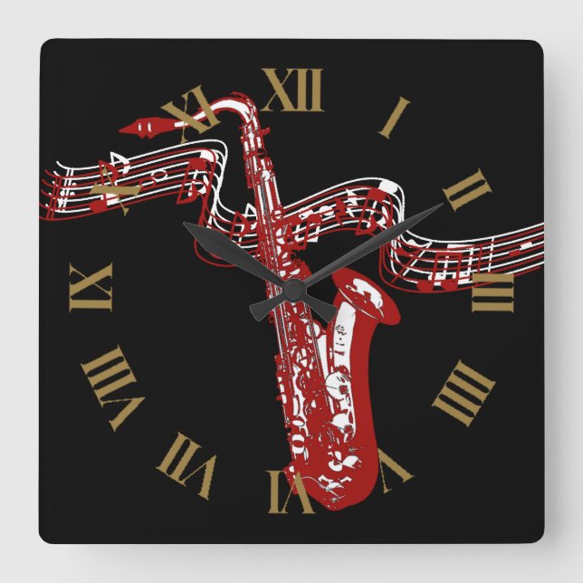 Stylish and Cool Red Saxophone Square Wall Clock (Front)