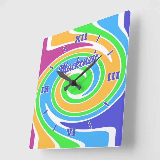 Stylish and Fun Bright Rainbow Abstract Square Wall Clock (Angle)