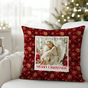 Stylish Angel Poinsettia Red Gold Accent Christmas Throw Pillow